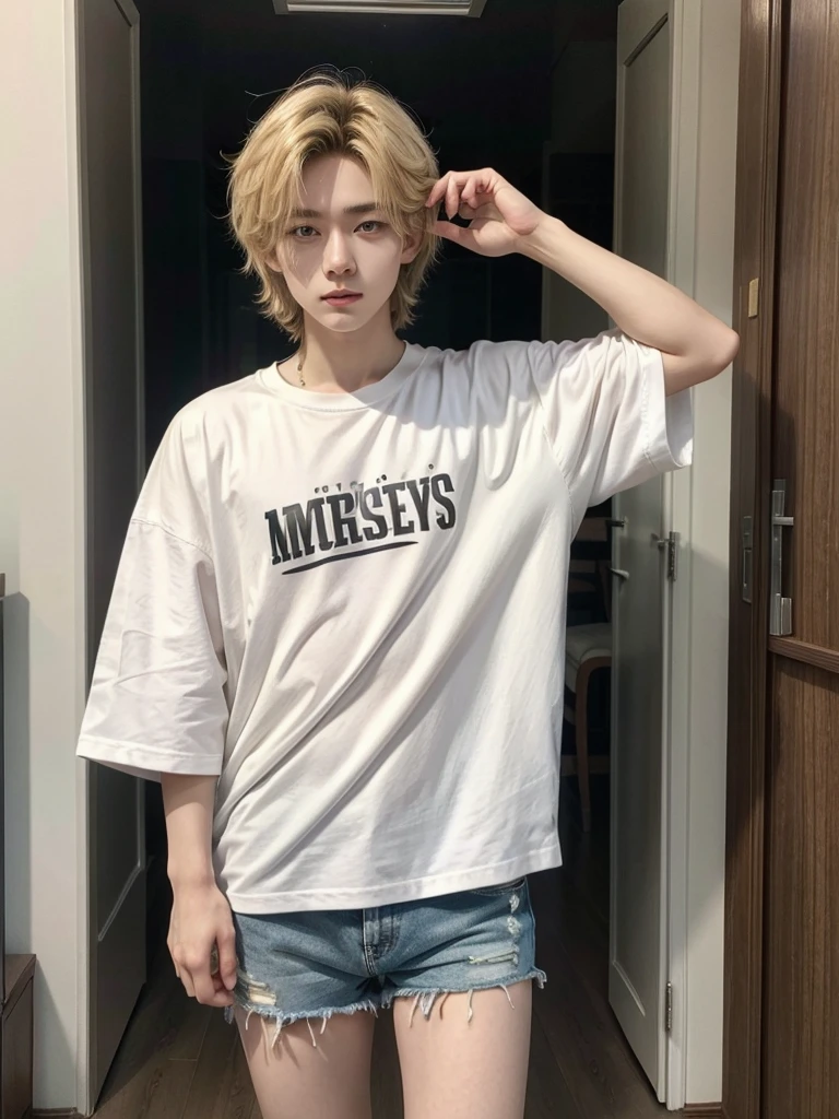 8k, Masterpiece, high quality, Young guy, good proportions, maravellous, androgynous prince, ulzzang, blonde hair, cabello rubio, asian, asian boy, shorts, casual