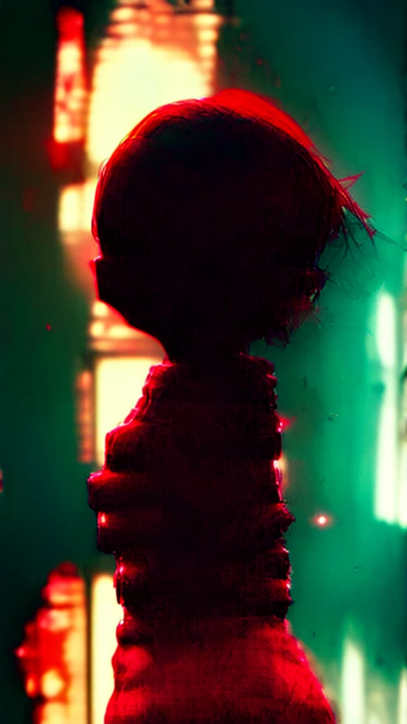 a woman with red eyes stands in front of a window, beautiful eyes are visible on a large monitor screen in the background, A girl in the center, a silhouette of a girl in the center, red lighting, glowing red eyes, a dim room, lighting from screens, monitor panels that depict girls, eyes are visible on monitor panels.