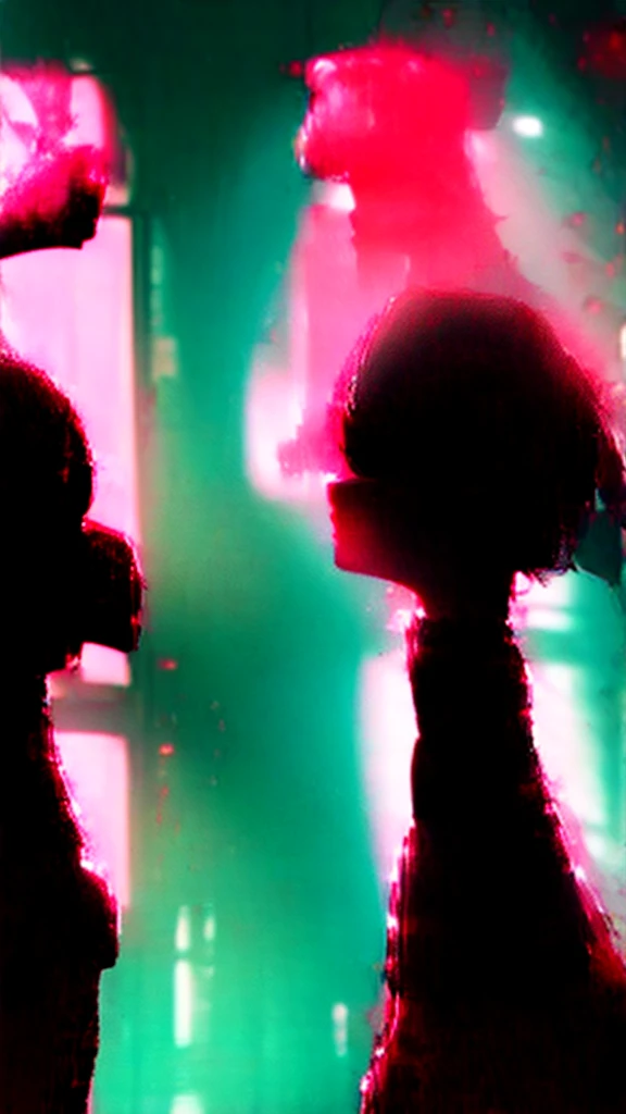 a woman with red eyes stands in front of a window, beautiful eyes are visible on a large monitor screen in the background, A girl in the center, a silhouette of a girl in the center, red lighting, glowing red eyes, a dim room, lighting from screens, monitor panels that depict girls, eyes are visible on monitor panels.