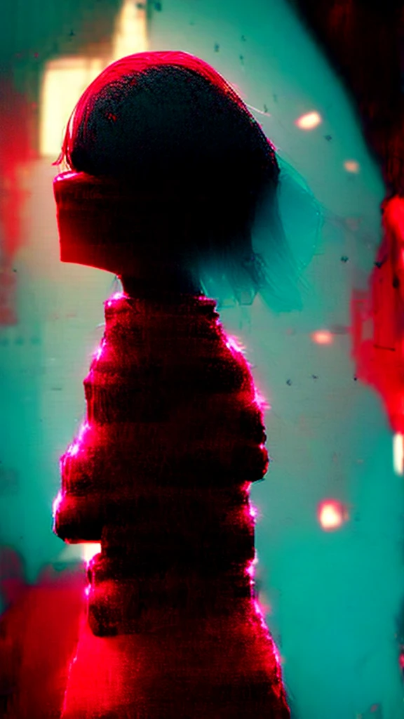 a woman with red eyes stands in front of a window, beautiful eyes are visible on a large monitor screen in the background, A girl in the center, a silhouette of a girl in the center, red lighting, glowing red eyes, a dim room, lighting from screens, monitor panels that depict girls, eyes are visible on monitor panels.