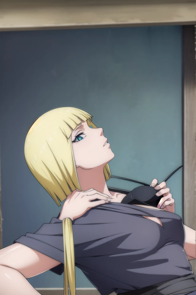 Koh Samui, Koh Samui, Blue eyes, blonde hair, short hair, bang, blunt bang,
BREAK cleavage, fishing nets, dress, grey м
BREAK cowboy shot, Looking at the viewer, 
BREAK indoors,
BREAK (masterpiece:1.2), Best quality, A high resolution, unity 8k wallpaper, (illustration:0.8), (beautiful detailed eyes:1.6), very detailed face, perfect lighting, extremely detailed computer graphics, (perfect hands, Ideal Anatomy),