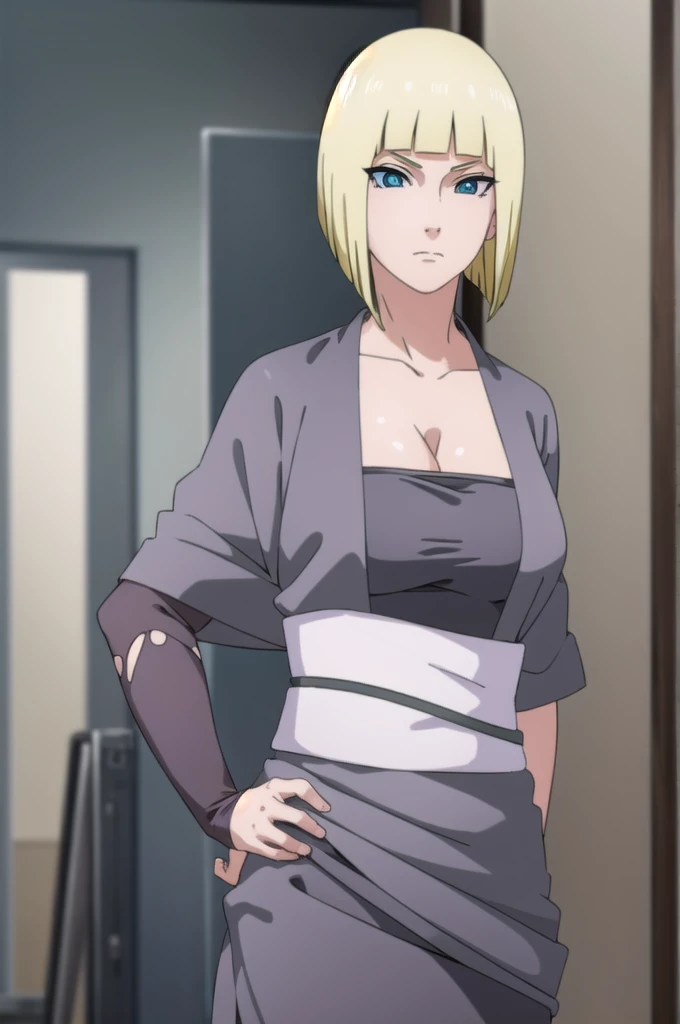 Koh Samui, Koh Samui, Blue eyes, blonde hair, short hair, bang, blunt bang,
BREAK cleavage, fishing nets, dress, grey м
BREAK cowboy shot, Looking at the viewer,
BREAK indoors,
BREAK (masterpiece:1.2), Best quality, A high resolution, unity 8k wallpaper, (illustration:0.8), (beautiful detailed eyes:1.6), very detailed face, perfect lighting, extremely detailed computer graphics, (perfect hands, Ideal Anatomy),