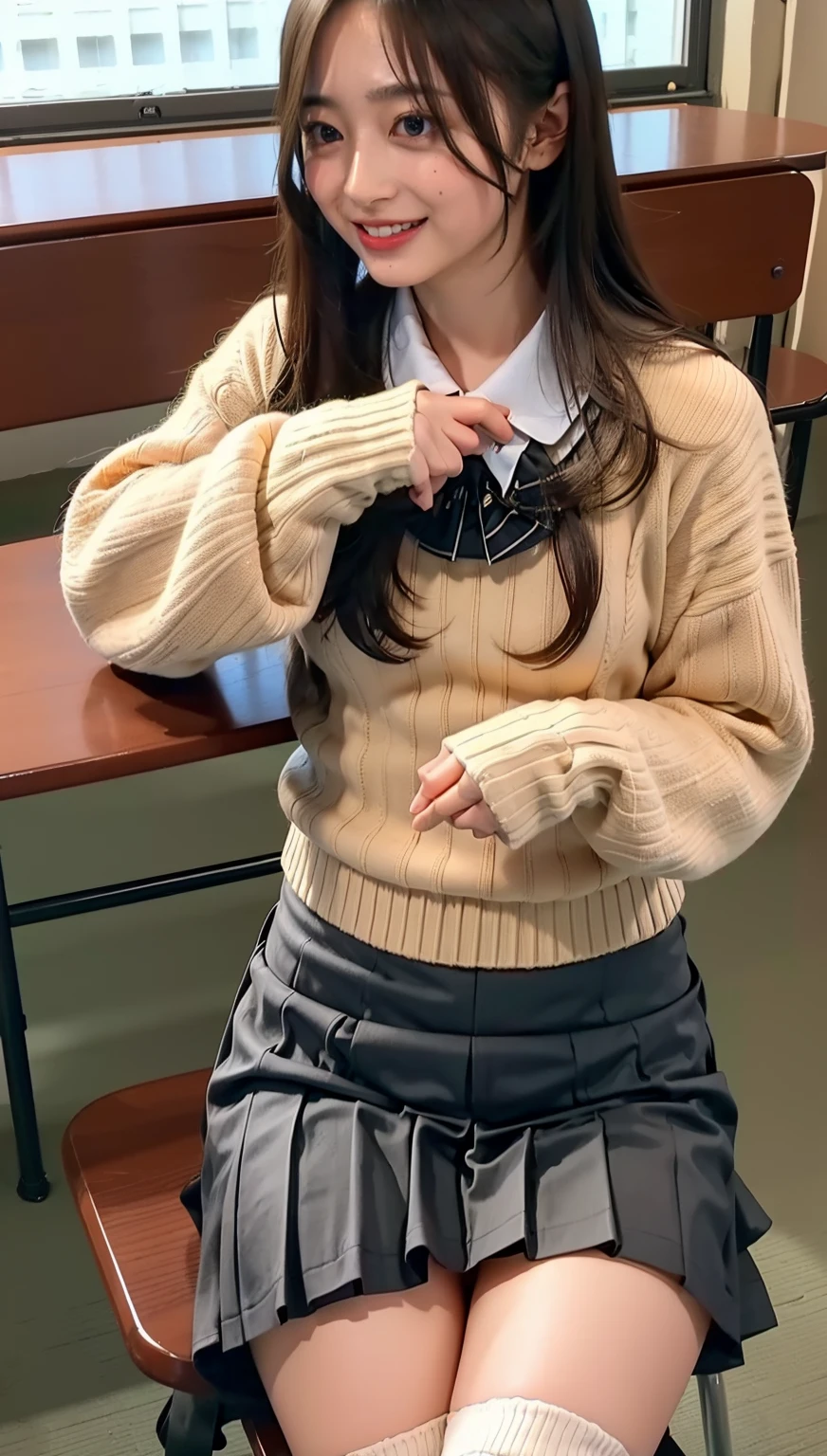 ((highest quality、8k、masterpiece:1.3)),((((cowboy shot)))),Ultra-high resolution,big eyes,Japanese,bangs,(a girl),(1 girl),((20 years old)),((facing at viewer)),(long hair),((sweater)),(((school uniform))),grin,((sitting on chair)),(pleated mini skirt),(((pussy))),((pubic hair)),((skirt lift)),((short crew socks))