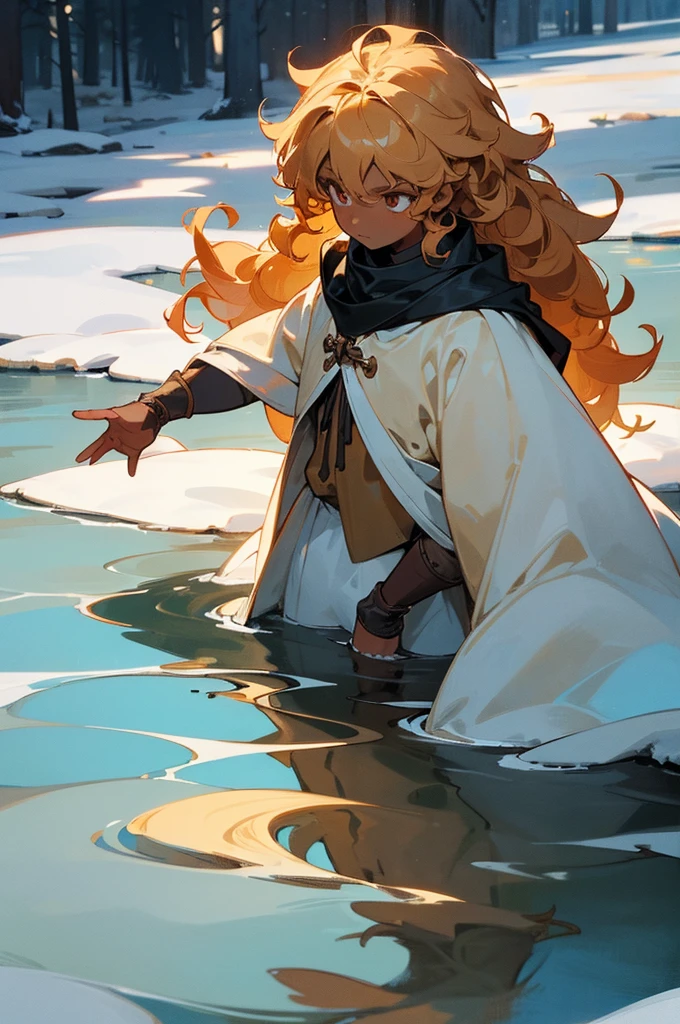 A boy, a small black , dark-skinned, brown, with curly yellow hair, curly blonds and an innocent look in the middle of a frozen lake in winter, surrounded by forest in the snowy mountains, wearing medieval clothes, RPG DND;