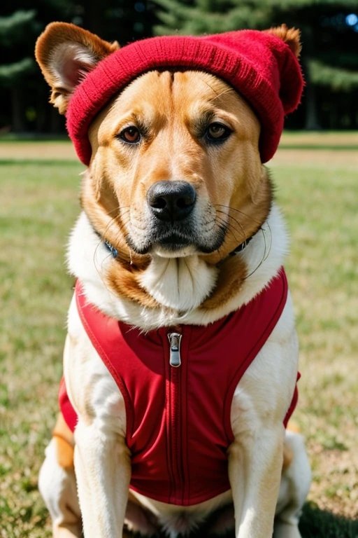 Dog with red cap and vest