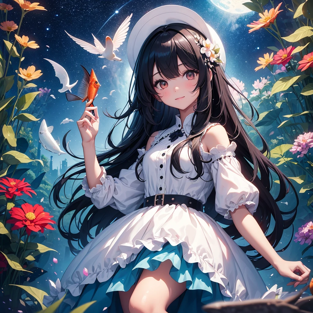 create an image, of a girl with medium long black hair playing with flowers and fish, something magical and deep, magical and fun atmosphere, happy girl in a beautiful dress, In the universe, dark and bright stars