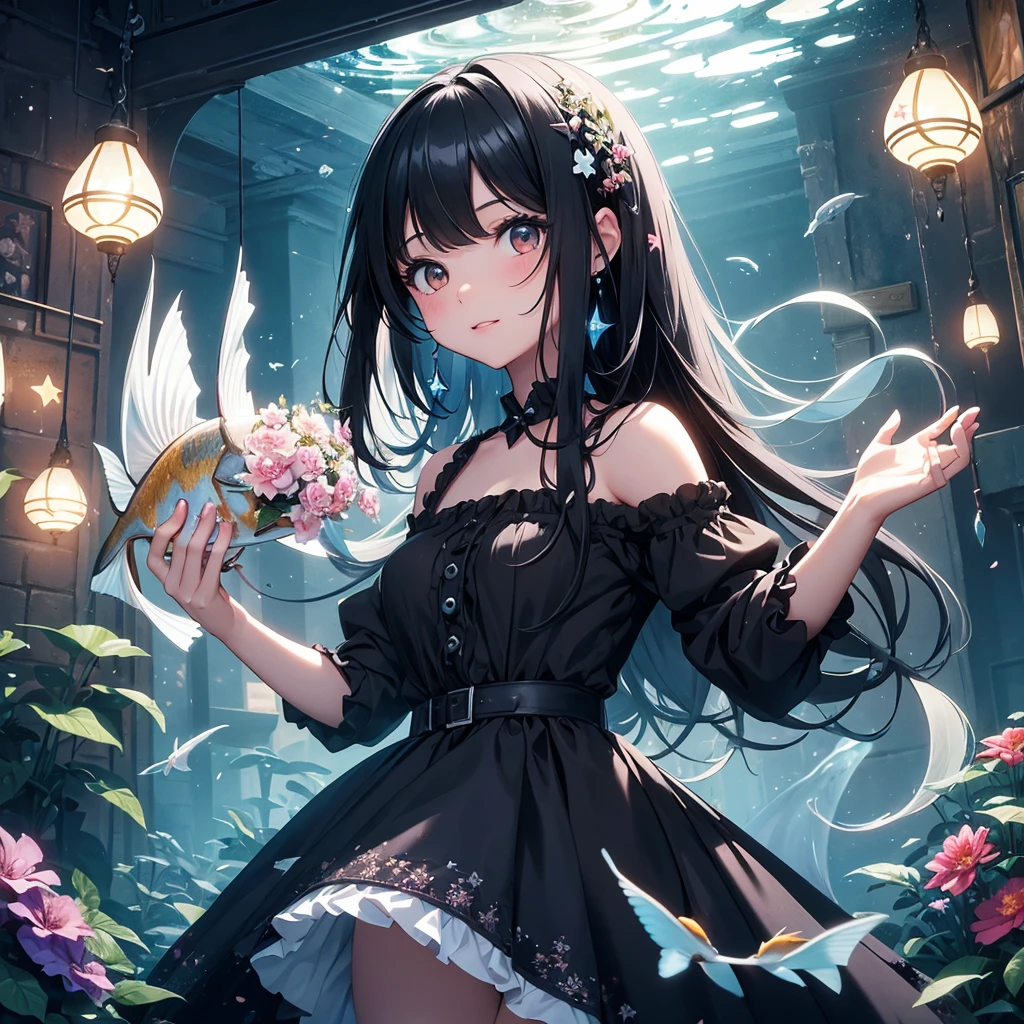 create an image, of a girl with medium long black hair playing with flowers and fish, something magical and deep, magical and fun atmosphere, happy girl in a beautiful dress, In the universe, dark and bright stars