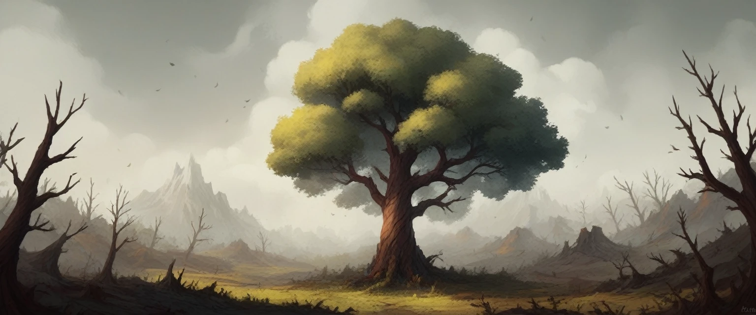 Amidst a vast and desolate wasteland, the remains of a world that once prospered are evident. the sky, painted in haunting tones of sepia and deep brown, casts a sad glow upon the landscape below, where skeletal trees devoid of foliage rise as if in a silent appeal to the heavens.