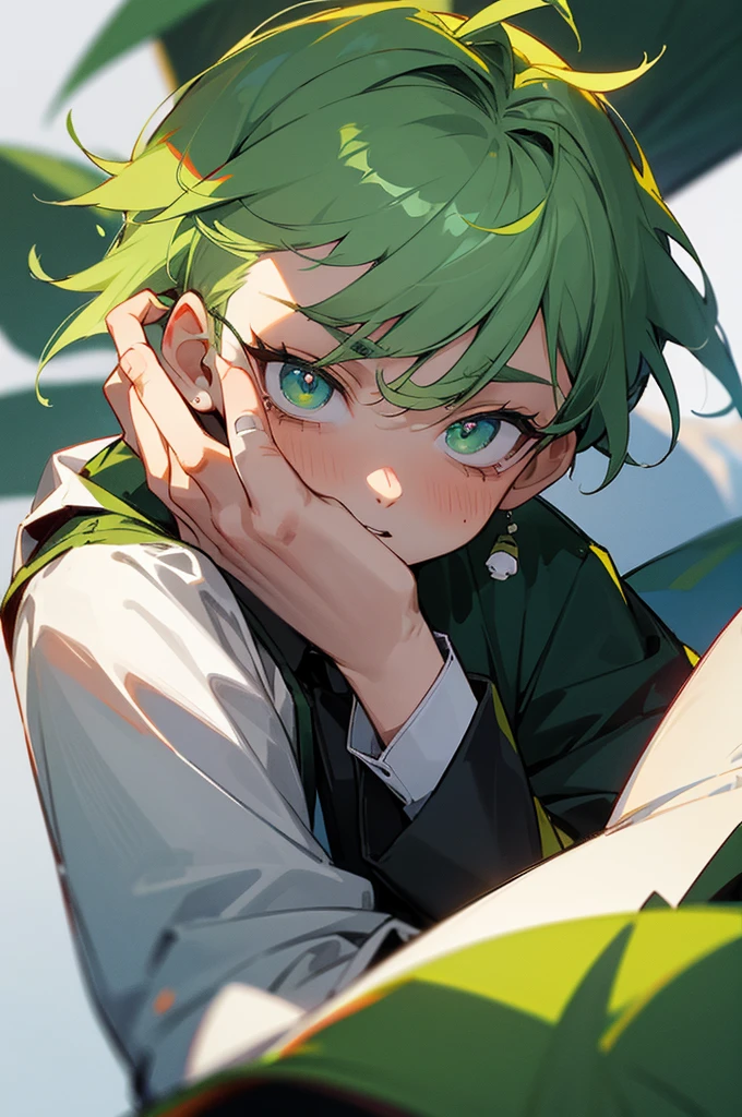 (tmasterpiece, beste-Qualit), 1 character, [Young male character], 1 Kid, , high-quality face, pure green hair, (Men's hairstyle), (bright green eyes), (introvert), ((Fear on the face)), ((crybaby)), (Scared), gray and black and white clothes, Military camouflage, In the background is a winter sparse spruce forest, hiquality
