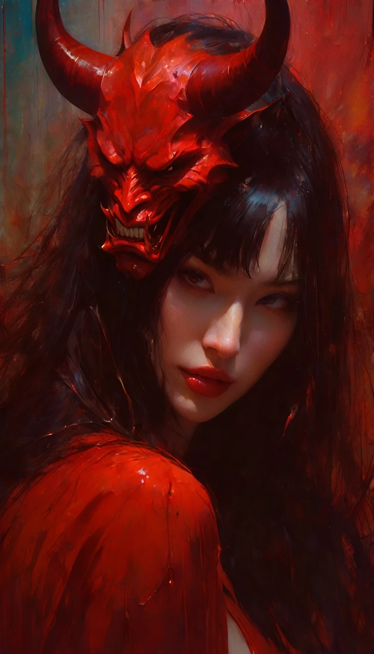The sexy girl loves the demon (art inspired in Bill Sienkiewicz). oil painting) (best quality,4k,8k,highres,masterpiece:1.2),ultra-detailed,(realistic,photorealistic,photo-realistic:1.37),intricate details,vivid colors,sharp focus,professional,Dave McKean artwork, oil touch of surrealism,oil painting style