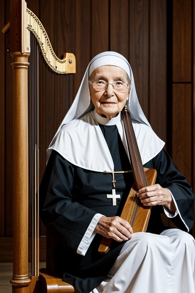 An 80 year old nun playing a harp sitting down