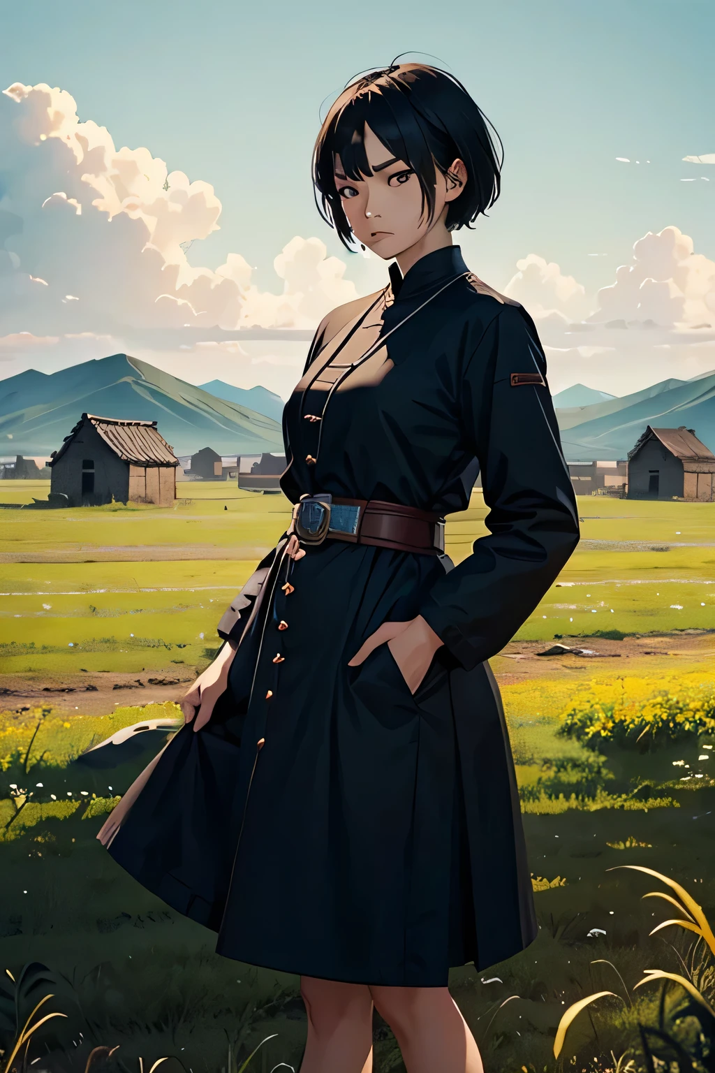 Buryat woman angry black short hair against the background of fields and ruins