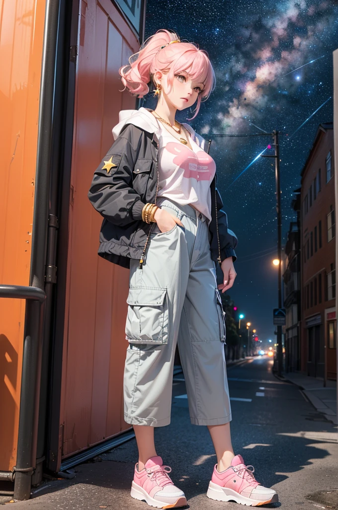 (((Holding a cute orange bantam cat in both hands))),((Highest quality,masterpiece,Full body front view of a mature beauty with big breasts,Air bangs,Blue gray high ponytail super long straight hair,Slightly curly hair on double sideburns,Hair ends curled in,Gray and pink short T-shirt,Light blue denim gray hooded jacket,Black and gray long and wide cargo pants,Pink and white sneakers)),Simple, small and exquisite round necklace,Little star earrings,Wearing a very thin gold bracelet on the right hand,starry sky galaxy background,Look at the lens head-on