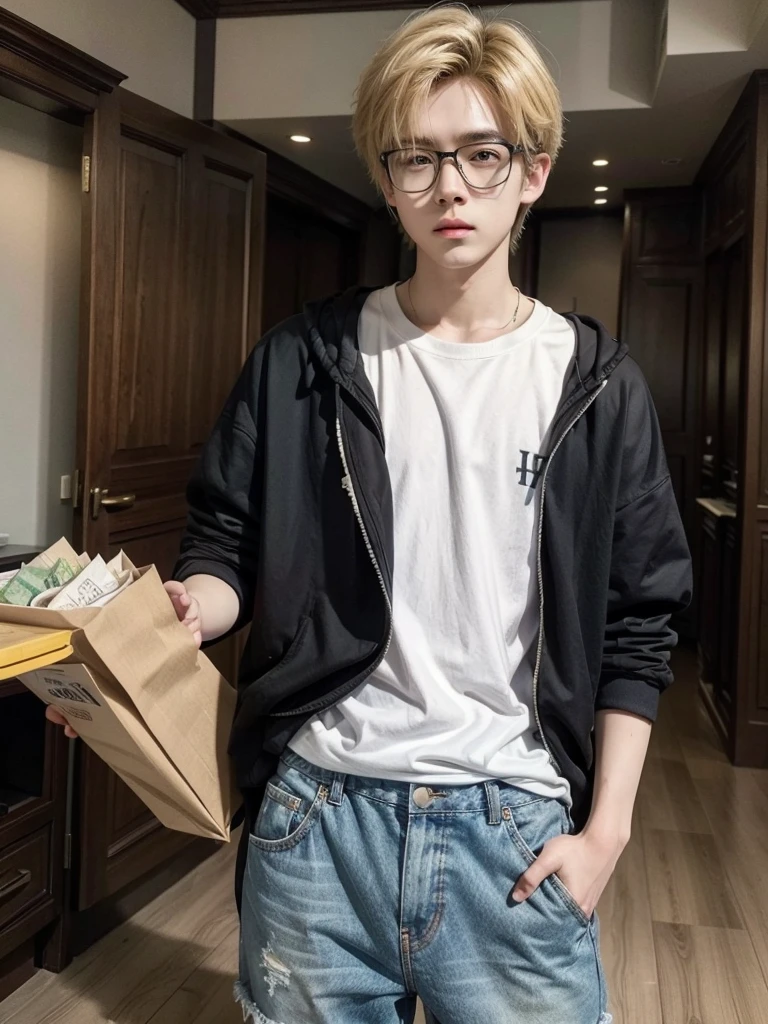 8k, Masterpiece, high quality, Young guy, good proportions, maravellous, androgynous prince, ulzzang, blonde hair, cabello rubio, asian, asian boy, shorts, casual, short hair, glasses