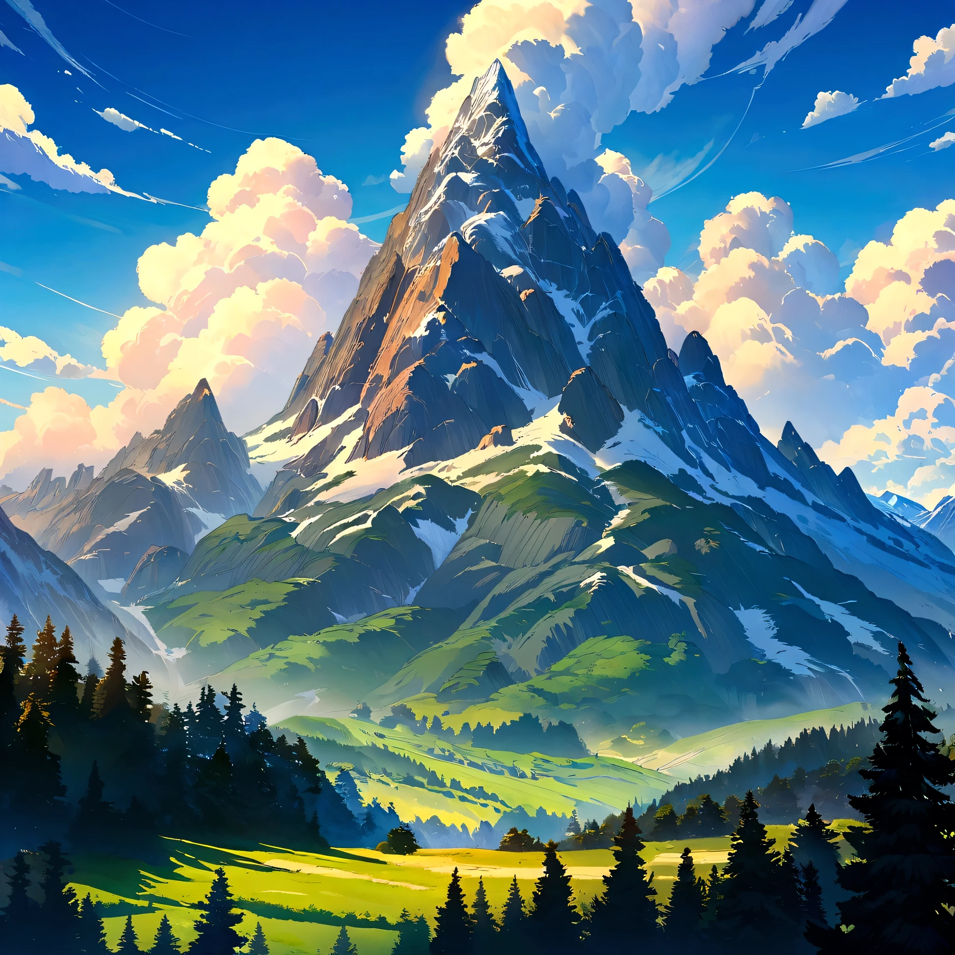 A breathtaking view of the Matterhorn mountain, with its snow-capped peak partially covered by clouds. The scene is set against a clear blue sky, with lush green pine trees in the foreground and rocky cliffs framing the view. The dramatic height and sharp angles of the mountain are accentuated by the swirling clouds, creating a sense of awe and majesty. The natural daylight illuminates the scene, highlighting the contrast between the green forest and the stark, rugged mountain. The overall atmosphere is one of serene beauty and grandeur, capturing the pristine and untamed essence of the alpine landscape.Shinkai Makoto style,, Scenery of Studio Ghibli, perfection, Highest quality, The best of art, 8K