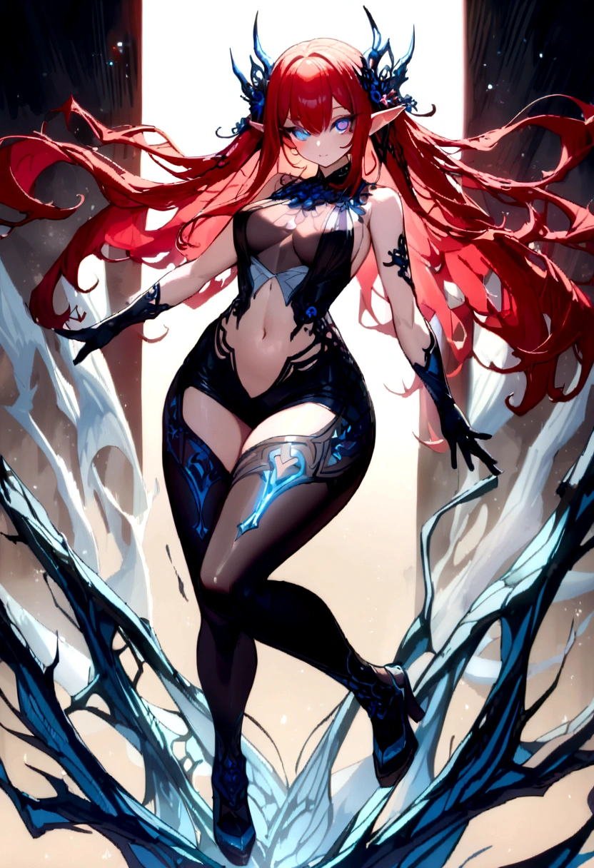 (girl): solo,(masterpiece:1.2), (best quality:1.2), (very aesthetic:1.2), (absurdres:1.2), (detailed background),newest, (perfect face), (detailed outfit), Creepy Smile, Slasher Smile, (seductive smile), (red hair:1.3),braided bangs, long hair, (straight hair), light skin, Large breasts, (sleeveless sweater black and white full body dress:1.3)), (((Beautifully decorated costumes that are intricate and delicate.:1.4))), mini skirt, (White accessories:1.3), (hair ornament:1.3), ((perfect curves)), (puffy breasts), (shiny skin, skinny, slender body:1.4), (glows ultra-detailed deep sapphire blue eyes:1.2), (gradient eyes:1.2), (finely detailed beautiful eyes:1.2), (symmetrical eyes:1.2), (big highlight on eyes:1.3), detailed shimmering eyes, strong eyeliner and eyelashes, black leggings under shorts, white scarf, slim waist, navel, (thick thighs), (samurai armor black gloves), dynamic angle, stylish pose, (monster girl), delicate, beautiful, elemental, ethereal, pure, mystical, intricate, surreal, elf, Cute, Adorable, (red hair), intricate (effects): (masterpiece), (best quality), (sharp focus), (depth of field), (high res), (vibrant colors), (professional lighting),