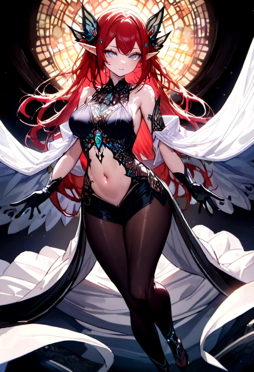 (girl): solo,(masterpiece:1.2), (best quality:1.2), (very aesthetic:1.2), (absurdres:1.2), (detailed background),newest, (perfect face), (detailed outfit), Creepy Smile, Slasher Smile, (seductive smile), (red hair:1.3),braided bangs, long hair, (straight hair), light skin, Large breasts, (sleeveless sweater black and white full body dress:1.3)), (((Beautifully decorated costumes that are intricate and delicate.:1.4))), mini skirt, (White accessories:1.3), (hair ornament:1.3), ((perfect curves)), (puffy breasts), (shiny skin, skinny, slender body:1.4), (glows ultra-detailed deep sapphire blue eyes:1.2), (gradient eyes:1.2), (finely detailed beautiful eyes:1.2), (symmetrical eyes:1.2), (big highlight on eyes:1.3), detailed shimmering eyes, strong eyeliner and eyelashes, black leggings under shorts, white scarf, slim waist, navel, (thick thighs), (samurai armor black gloves), dynamic angle, stylish pose, (monster girl), delicate, beautiful, elemental, ethereal, pure, mystical, intricate, surreal, elf, Cute, Adorable, (red hair), intricate (effects): (masterpiece), (best quality), (sharp focus), (depth of field), (high res), (vibrant colors), (professional lighting),