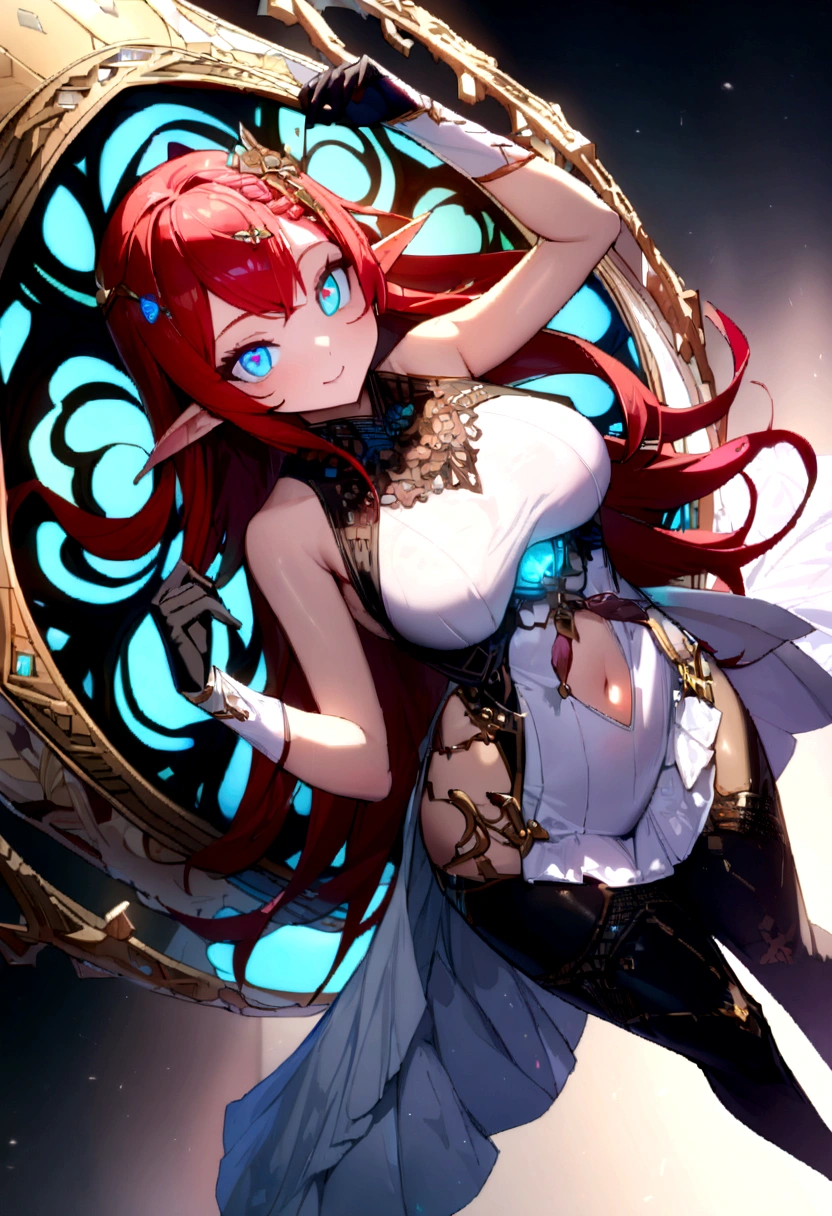 (girl): solo,(masterpiece:1.2), (best quality:1.2), (very aesthetic:1.2), (absurdres:1.2), (detailed background),newest, (perfect face), (detailed outfit), Creepy Smile, Slasher Smile, (seductive smile), (red hair:1.3),braided bangs, long hair, (straight hair), light skin, Large breasts, (sleeveless sweater black and white full body dress:1.3)), (((Beautifully decorated costumes that are intricate and delicate.:1.4))), mini skirt, (White accessories:1.3), (hair ornament:1.3), ((perfect curves)), (puffy breasts), (shiny skin, skinny, slender body:1.4), (glows ultra-detailed deep sapphire blue eyes:1.2), (gradient eyes:1.2), (finely detailed beautiful eyes:1.2), (symmetrical eyes:1.2), (big highlight on eyes:1.3), detailed shimmering eyes, strong eyeliner and eyelashes, black leggings under shorts, white scarf, slim waist, navel, (thick thighs), (samurai armor black gloves), dynamic angle, stylish pose, (monster girl), delicate, beautiful, elemental, ethereal, pure, mystical, intricate, surreal, elf, Cute, Adorable, (red hair), intricate (effects): (masterpiece), (best quality), (sharp focus), (depth of field), (high res), (vibrant colors), (professional lighting),