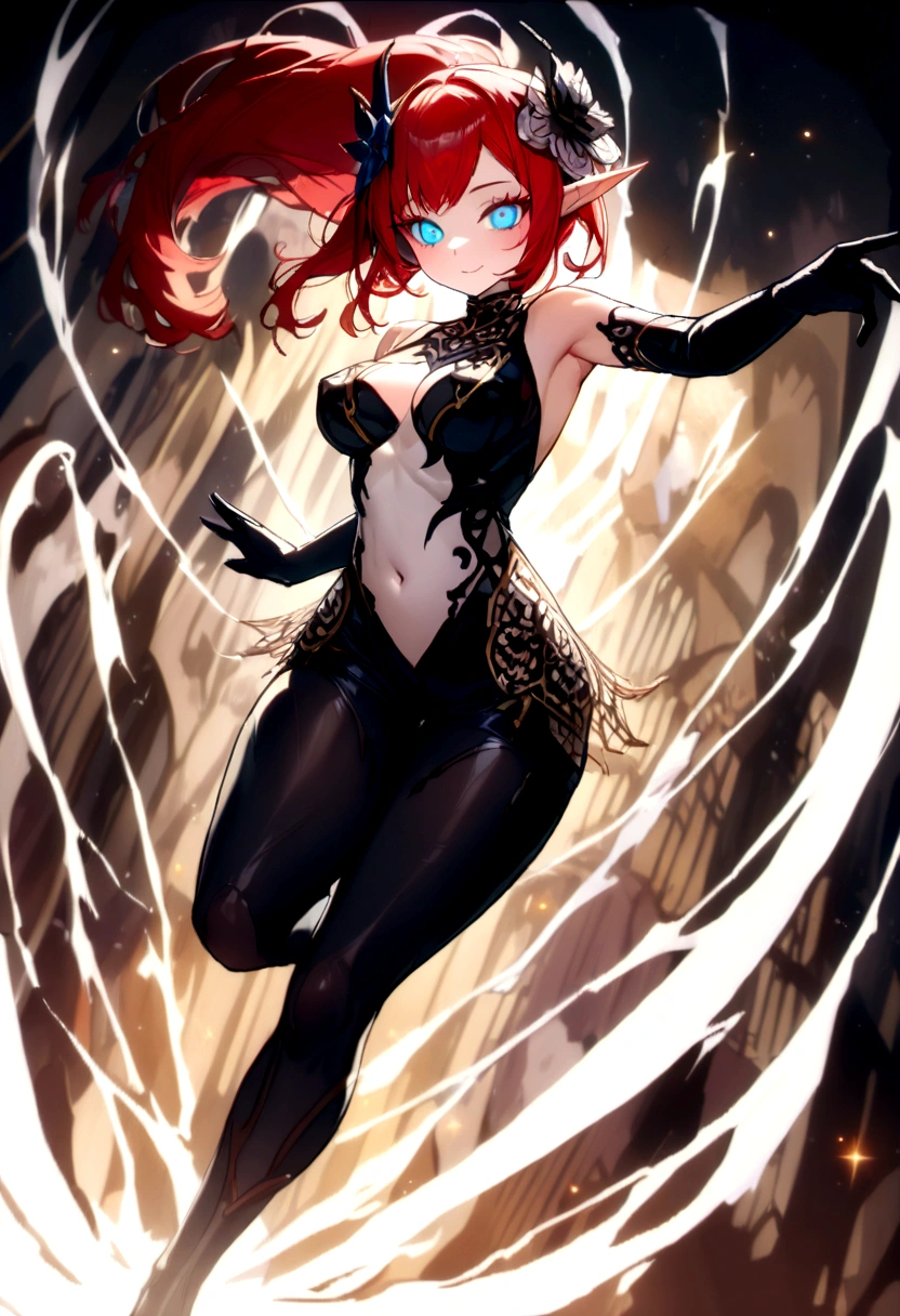 (girl): solo,(masterpiece:1.2), (best quality:1.2), (very aesthetic:1.2), (absurdres:1.2), (detailed background),newest, (perfect face), (detailed outfit), Creepy Smile, Slasher Smile, (seductive smile), (red hair:1.3),braided bangs, long hair, (straight hair), light skin, Large breasts, (sleeveless sweater black and white full body dress:1.3)), (((Beautifully decorated costumes that are intricate and delicate.:1.4))), mini skirt, (White accessories:1.3), (hair ornament:1.3), ((perfect curves)), (puffy breasts), (shiny skin, skinny, slender body:1.4), (glows ultra-detailed deep sapphire blue eyes:1.2), (gradient eyes:1.2), (finely detailed beautiful eyes:1.2), (symmetrical eyes:1.2), (big highlight on eyes:1.3), detailed shimmering eyes, strong eyeliner and eyelashes, black leggings under shorts, white scarf, slim waist, navel, (thick thighs), (samurai armor black gloves), dynamic angle, stylish pose, (monster girl), delicate, beautiful, elemental, ethereal, pure, mystical, intricate, surreal, elf, Cute, Adorable, (red hair), intricate (effects): (masterpiece), (best quality), (sharp focus), (depth of field), (high res), (vibrant colors), (professional lighting),