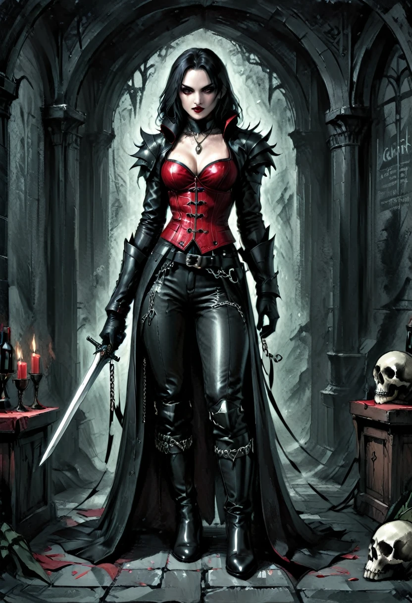 /imagine prompt: Illustrating Marionne, the demon hunter, clad in a form-fitting black leather outfit, comprising a wine leather trench coat, a snug red corset embellished with belts and chains, coordinated pants, long leather boots for added defense and a gothic flair, wielding a large sword with a skull-adorned guard and a realistically styled hilt, against a dark backdrop to enhance the mysterious aura, Illustration, digital art with intricate textures, --ar 16:9 --v 5