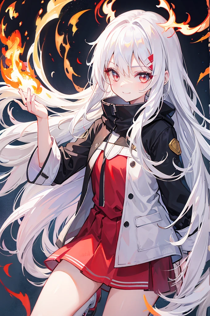 1 girl, long white hair, flames, smile on face