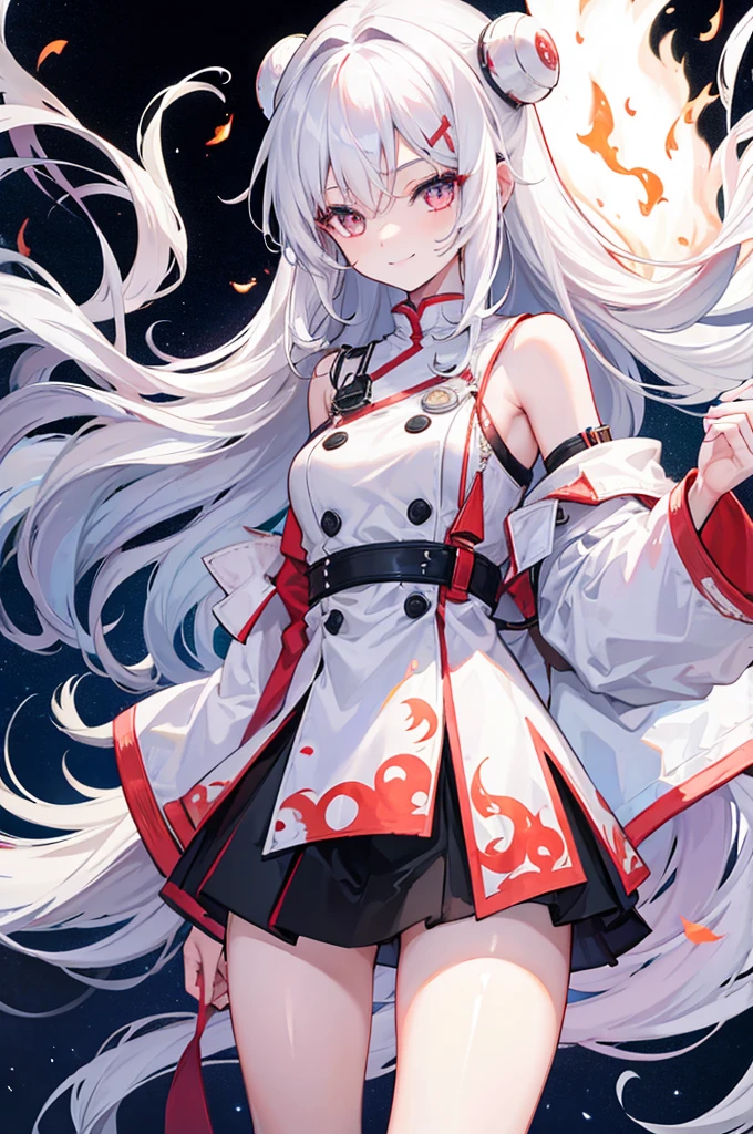 1 girl, long white hair, flames, smile on face