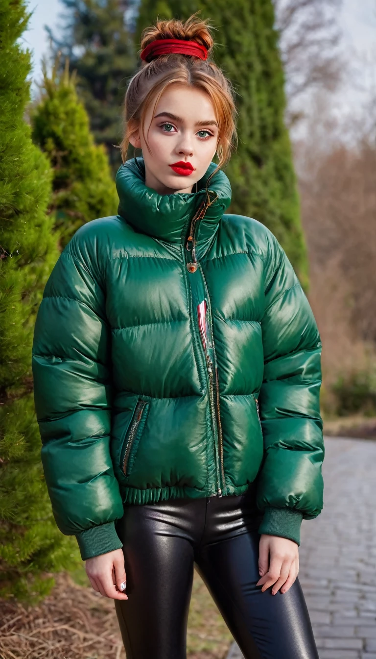 ultrarealistic high quality fullbody photo of a beautiful slim european teen girl with cute hyperdetailed shy face and natural redhead short messy bun and mischievous face, realistic round hazel eyes, red lips, dark eye makeup with eyeliner, wearing shiny green puffer jacket and faux leather leggins, hourglass body, outdoor shooting