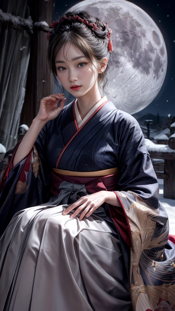 Very beautiful woman、Slender women、Round Glasses、Japanese clothing、((Hakama))、((Big Breasts))、samurai、(((night)))、((moon))、((snow))、Very beautiful woman、Slender women、(Detailed face)、Realistic skin、((Delicate photo))，(Girl Masterpiece RAW Photo Details:1.25), (Highest quality:1.6), (Ultra-high resolution:1.5), (Realistic:1.75), 8K resolution, Canon EOS R5, 50mm, Absurd, Ultra-detailed,Cinema Lighting、
