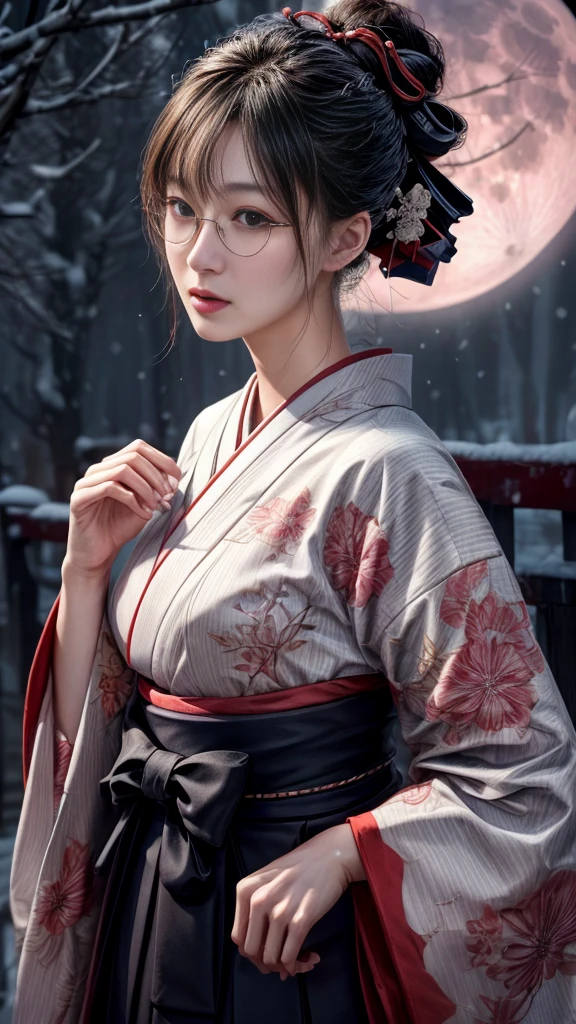 Very beautiful woman、Slender women、Round Glasses、Japanese clothing、((Hakama))、((Big Breasts))、samurai、(((night)))、((moon))、((snow))、Very beautiful woman、Slender women、(Detailed face)、Realistic skin、((Delicate photo)),(Girl Masterpiece RAW Photo Details:1.25), (Highest quality:1.6), (Ultra-high resolution:1.5), (Realistic:1.75), 8K resolution, Canon EOS R5, 50mm, Absurd, Ultra-detailed,Cinema Lighting、