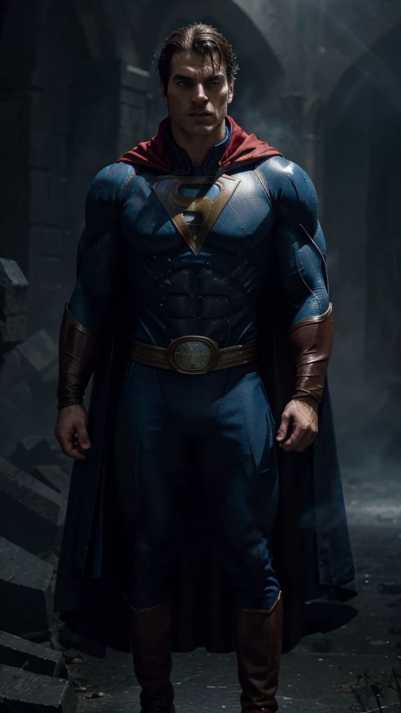 Henry Cavil actor in HomeLander superhero costume, muscular body, piercing blue eyes, chiseled jawline, cape flowing dramatically, striking heroic pose, dramatic lighting, cinematic camera angle, ultrarealistic, 8k, photorealistic, dramatic colors, cinematic atmosphere, epic scale, powerful and intimidating presence