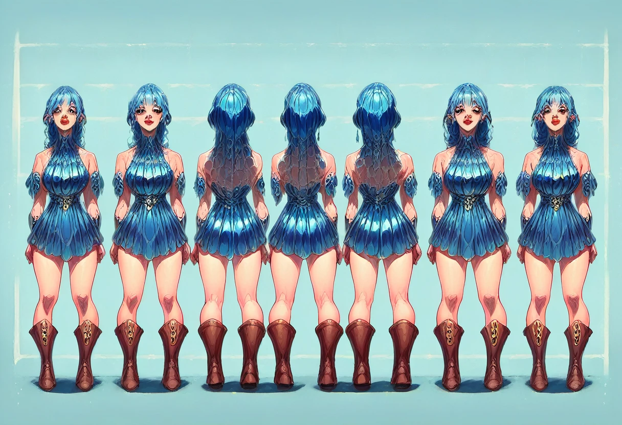 2D model reference sheet of tall chibi anime girl, short blue bangs, turnaround, Lisa BlackPink, black and blue goddess uniform, brown boots, red lipstick, beauty dot, front side and back views, three girls, gold