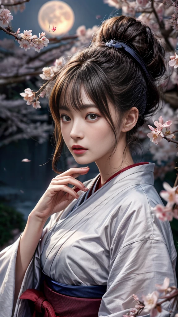 Very beautiful woman、Slender women、Japanese clothing、((Hakama))、((Big Breasts))、(((night)))、((moon))、((cherry blossoms))、Very beautiful woman、Slender women、(Detailed face)、Realistic skin、((Delicate photo))，(Girl Masterpiece RAW Photo Details:1.25), (Highest quality:1.6), (Ultra-high resolution:1.5), (Realistic:1.75), 8K resolution, Canon EOS R5, 50mm, Absurd, Ultra-detailed,Cinema Lighting、
