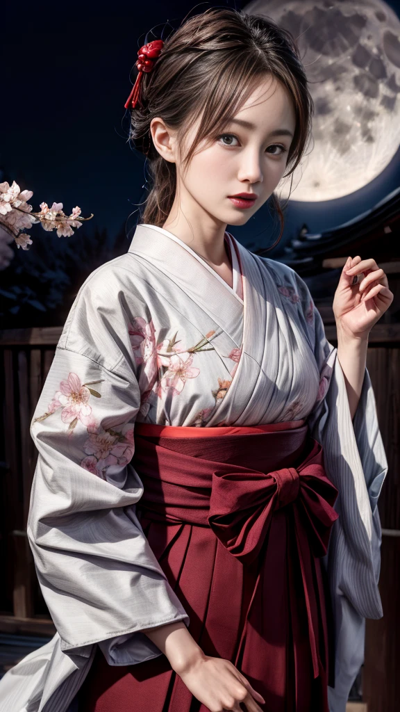 Very beautiful woman、Slender women、Japanese clothing、((Hakama))、((Big Breasts))、(((night)))、((moon))、((cherry blossoms))、Very beautiful woman、Slender women、(Detailed face)、Realistic skin、((Delicate photo))，(Girl Masterpiece RAW Photo Details:1.25), (Highest quality:1.6), (Ultra-high resolution:1.5), (Realistic:1.75), 8K resolution, Canon EOS R5, 50mm, Absurd, Ultra-detailed,Cinema Lighting、
