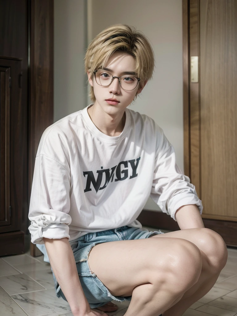 8k, Masterpiece, high quality, Young guy, good proportions, maravellous, androgynous prince, ulzzang, blonde hair, cabello rubio, asian, asian boy, shorts, casual, short hair, glasses
