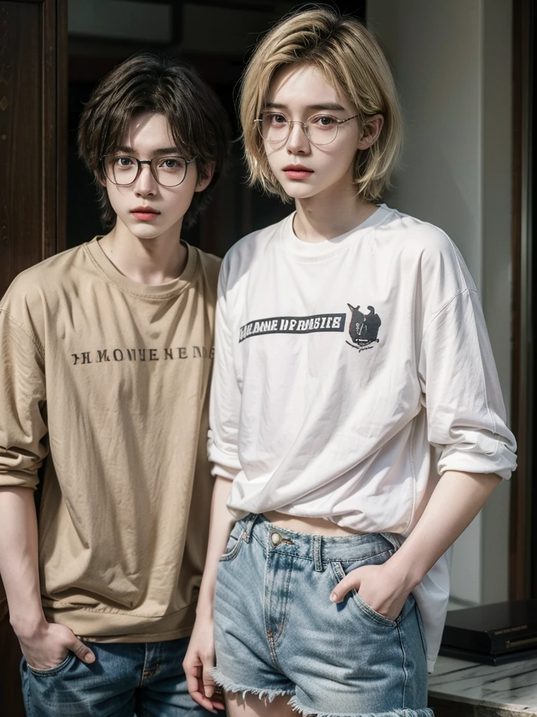 8k, Masterpiece, high quality, Young guy, good proportions, maravellous, androgynous prince, ulzzang, blonde hair, cabello rubio, asian, asian boy, shorts, casual, short hair, glasses