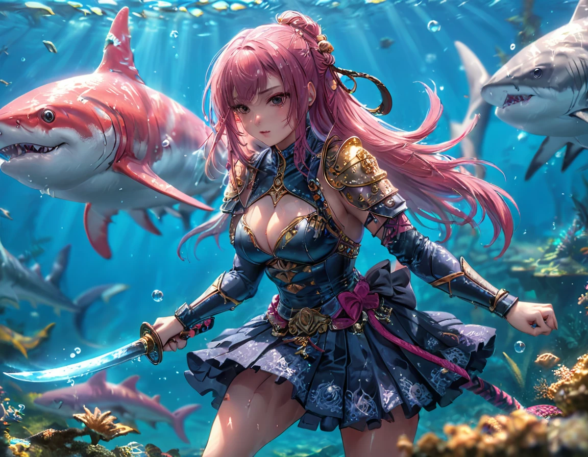 , a wide angle picture of a female human druid swimming along her pet shark, priest of underwater nature, cleric of underwater nature, art full body, ((anatomically correct)), dynamic position (intricate details, Masterpiece, best quality: 1.5) talking to a shark (intricate details, Masterpiece, best quality: 1.5) under the sea  (intricate details, Masterpiece, best quality: 1.5), a human woman wearing scale armor ((intricate details, Masterpiece, best quality: 1.4) leather boots, armed with a katana, GLOWING WEAPON, thick hair, long hair, pink hair, tan skin intense brown eyes, undersea background (intense details),  night undersea( (intricate details, Masterpiece, best quality: 1.5)high details, best quality, 16k, RAW, (ultra detailed: 1.5), masterpiece, best quality, (extremely detailed), dynamic angle, ultra wide shot, RAW, photorealistic, fantasy art, rpg art, realistic ), dynamic angle,  (intricate details, Masterpiece, best quality: 1.5)), high details, best quality, highres, ultra wide angle, Wielding sword, chumbasket art style, katana