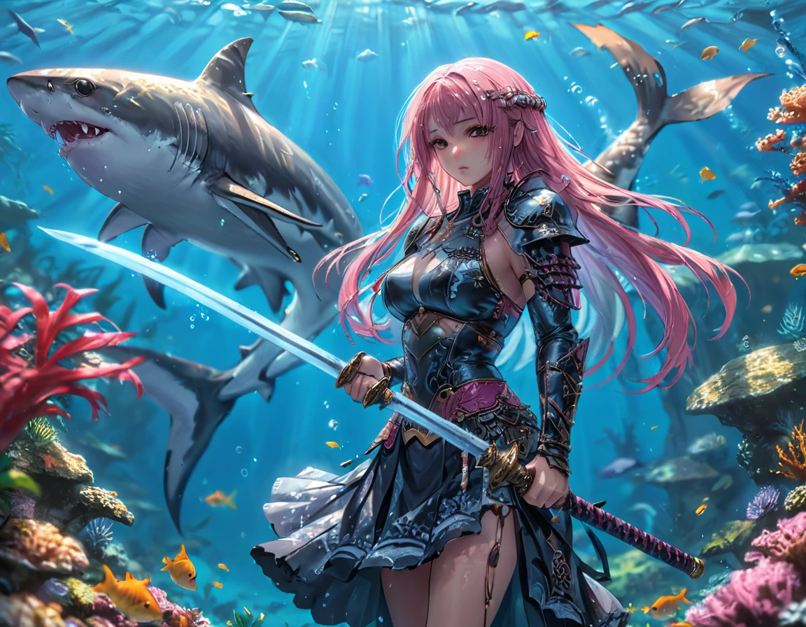 , a wide angle picture of a female human druid swimming along her pet shark, priest of underwater nature, cleric of underwater nature, art full body, ((anatomically correct)), dynamic position (intricate details, Masterpiece, best quality: 1.5) talking to a shark (intricate details, Masterpiece, best quality: 1.5) under the sea  (intricate details, Masterpiece, best quality: 1.5), a human woman wearing scale armor ((intricate details, Masterpiece, best quality: 1.4) leather boots, armed with a katana, GLOWING WEAPON, thick hair, long hair, pink hair, tan skin intense brown eyes, undersea background (intense details),  night undersea( (intricate details, Masterpiece, best quality: 1.5)high details, best quality, 16k, RAW, (ultra detailed: 1.5), masterpiece, best quality, (extremely detailed), dynamic angle, ultra wide shot, RAW, photorealistic, fantasy art, rpg art, realistic ), dynamic angle,  (intricate details, Masterpiece, best quality: 1.5)), high details, best quality, highres, ultra wide angle, Wielding sword, chumbasket art style, katana