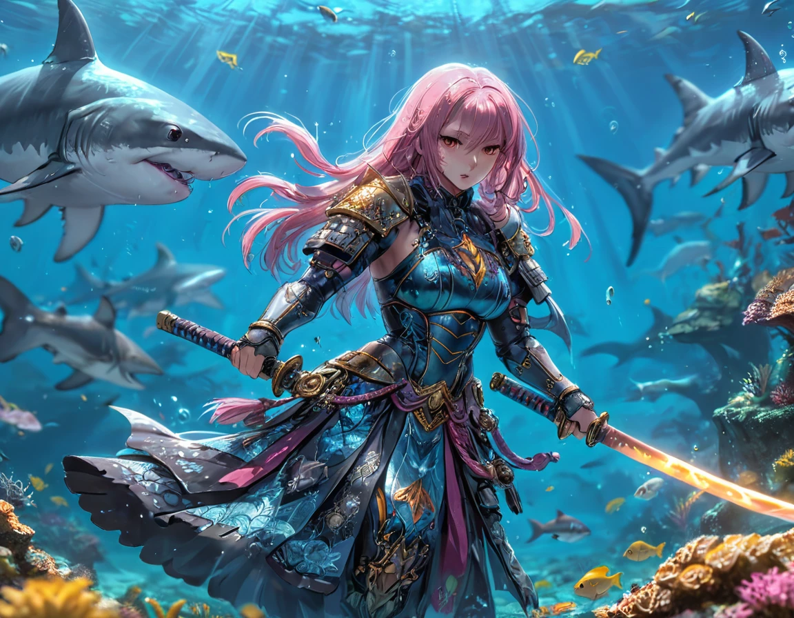 , a wide angle picture of a female human druid swimming along her pet shark, priest of underwater nature, cleric of underwater nature, art full body, ((anatomically correct)), dynamic position (intricate details, Masterpiece, best quality: 1.5) talking to a shark (intricate details, Masterpiece, best quality: 1.5) under the sea  (intricate details, Masterpiece, best quality: 1.5), a human woman wearing scale armor ((intricate details, Masterpiece, best quality: 1.4) leather boots, armed with a katana, GLOWING WEAPON, thick hair, long hair, pink hair, tan skin intense brown eyes, undersea background (intense details),  night undersea( (intricate details, Masterpiece, best quality: 1.5)high details, best quality, 16k, RAW, (ultra detailed: 1.5), masterpiece, best quality, (extremely detailed), dynamic angle, ultra wide shot, RAW, photorealistic, fantasy art, rpg art, realistic ), dynamic angle,  (intricate details, Masterpiece, best quality: 1.5)), high details, best quality, highres, ultra wide angle, Wielding sword, chumbasket art style, katana