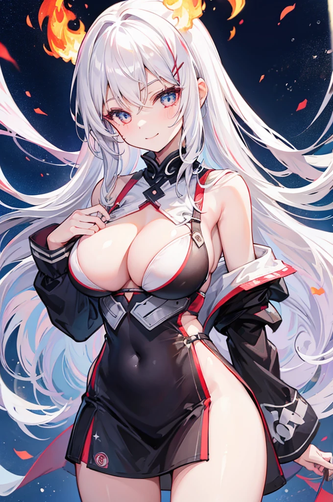 1 girl, big breast, long white hair, flames, smile on face