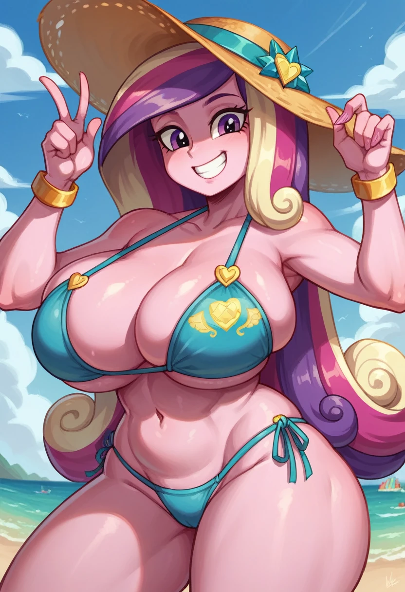my little pony equestria girls princess cadence , HUGE titties , in bikini , smiling , doince peice sign