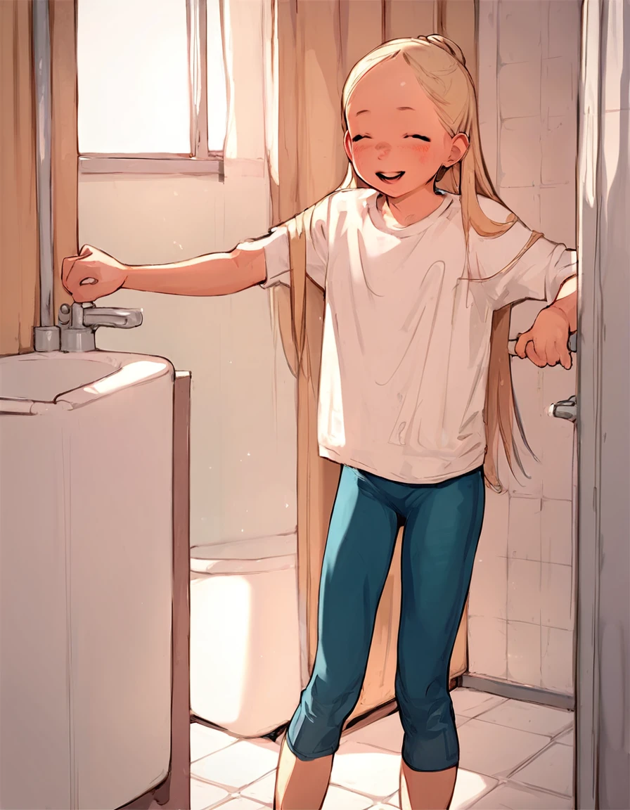 A young girl standing in bathroom, hidden, white underwear, 1girl, indoors, blonde hair, blue eyes, score_9,score_8_up,score_7_up,score_6_up,girl, open eyes, close eyes, open mouth, close mouth, smile, 