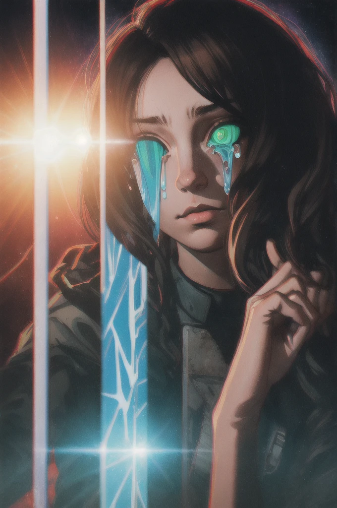 hands on head, grasping own head, messy hair, tears ,brown hair, green eyes, trapped in spacecraft airlock, outerspace, lens flare,dark clothes, masterpiece, perfect face, intricate details, horror theme ,portrait,dark ambience, dust,low light ,cinematic, ambient oclussion, chromatic aberration, 