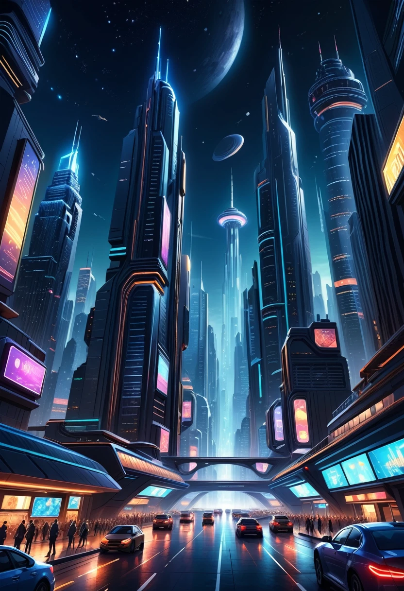 You will act as a digital artist specializing in realistic illustrations. Please create an image of a futuristic city at night, with illuminated skyscrapers, flying vehicles and a starry sky. The scene should have a vibrant, lively atmosphere, with minute details in the lights and shadows.