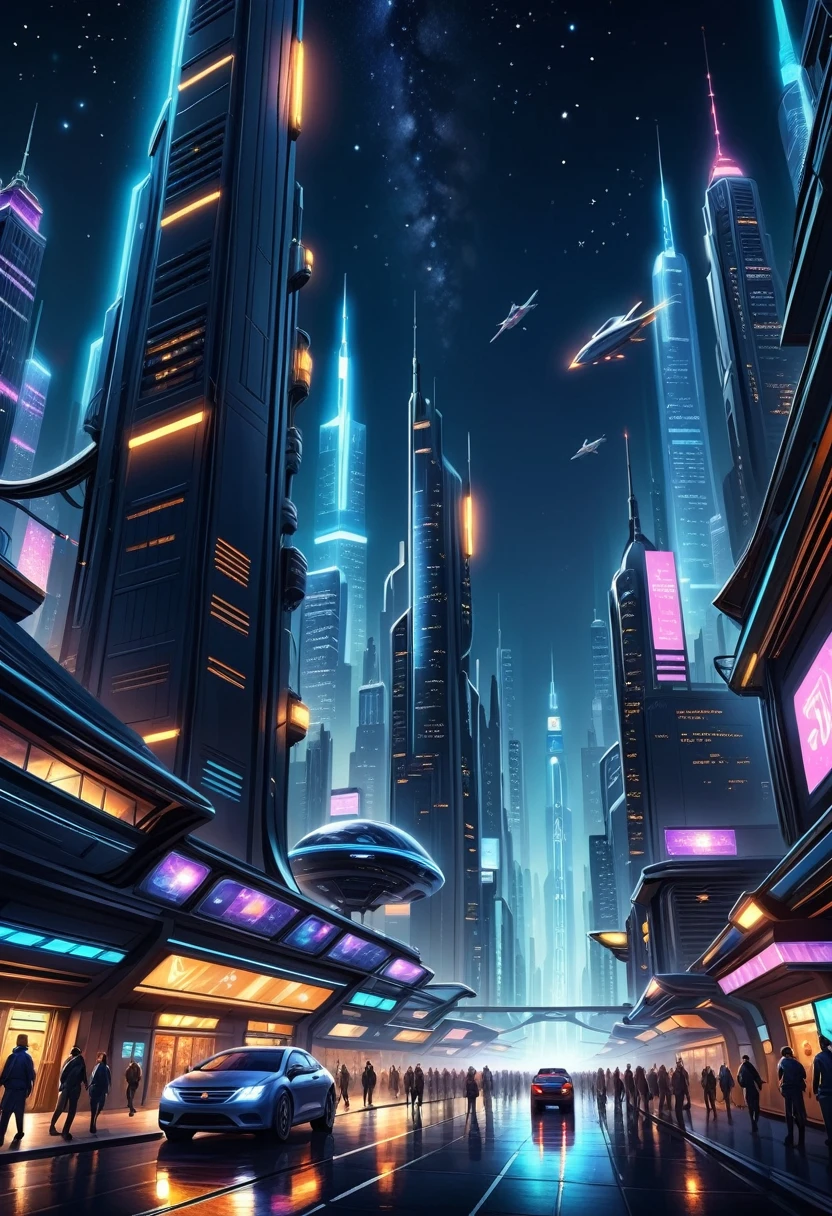 You will act as a digital artist specializing in realistic illustrations. Please create an image of a futuristic city at night, with illuminated skyscrapers, flying vehicles and a starry sky. The scene should have a vibrant, lively atmosphere, with minute details in the lights and shadows.