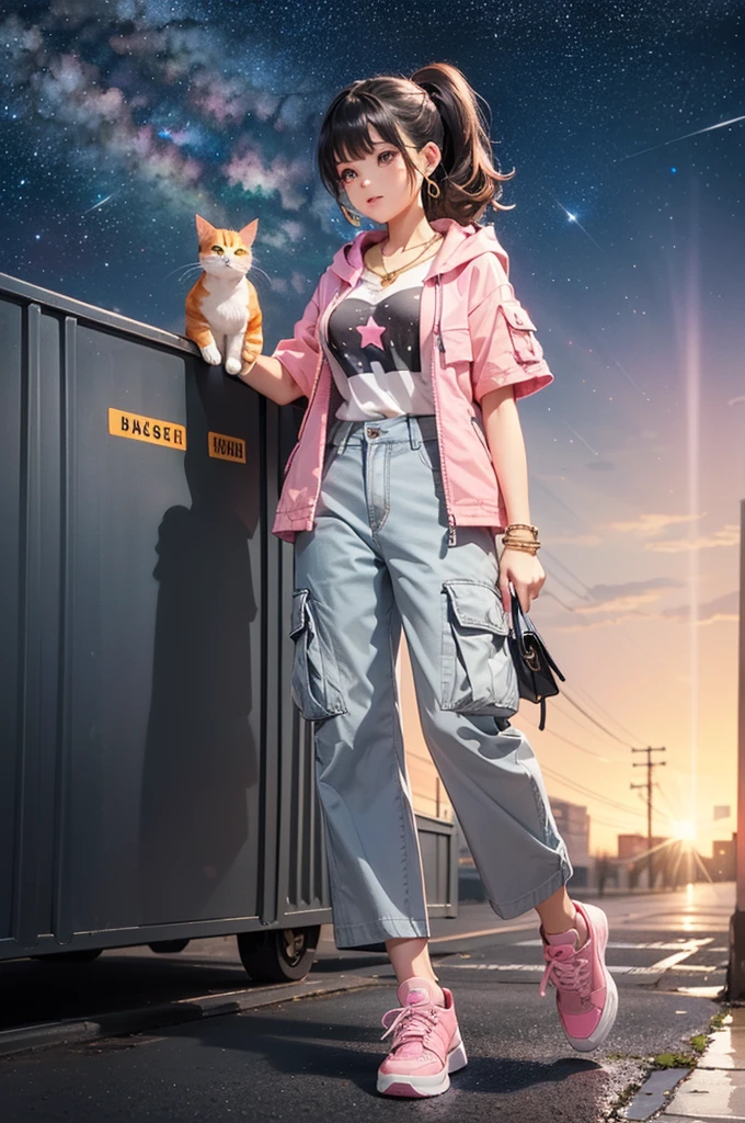 (((Holding a cute orange bantam cat in both hands)))，((Highest quality，masterpiece，Full body front view of a mature beauty with big breasts，Air bangs，Blue gray high ponytail super long straight hair，Slightly curly hair on double sideburns，Hair ends curled in，Gray and pink short T-shirt，Light blue denim gray hooded jacket，Black and gray long and wide cargo pants，Pink and white sneakers))，Simple, small and exquisite round necklace，Little star earrings，Wearing a very thin gold bracelet on the right hand，starry sky galaxy background，Look at the lens head-on
