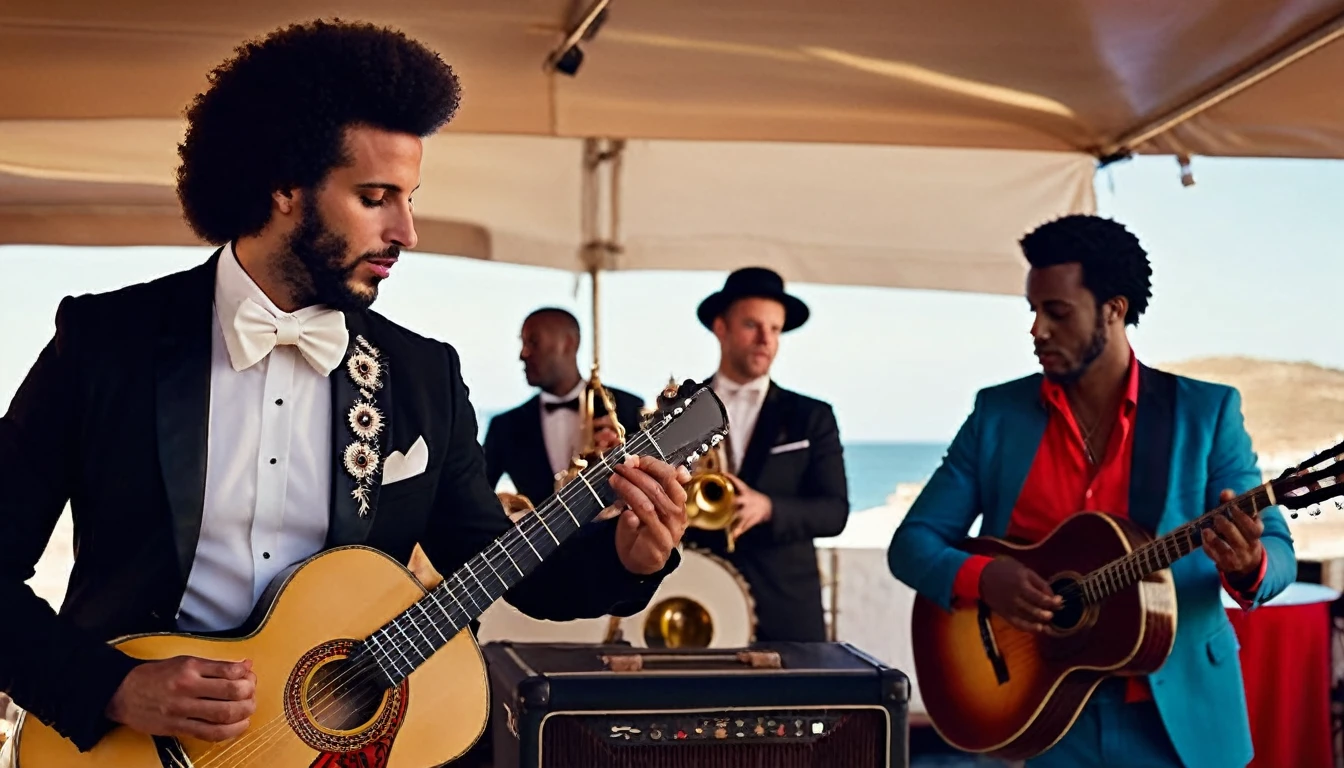 Cinematic half body portrait of two musicians, (((Two different characters))) are on the picture. There is an authentic (((flamenco guitarist))) playing on a guitar wwearing authentic spanish clothes with black hair and tanned skin, beside him standing an afro american (((Jazz musician playing on a trumpet))) wearing white tuxedo in 60s style, (((spanish acoustic guitarist and a 60s Jazz styled trumpet musician)))), photorealistic faces and bodies, realistic perfect detailed facial features, real human skin and hair, in the foreground there is a dj turntable, dj set, in the background subwoofers, photographic, realistic, volumetric lighting, cinematic lighting, contrast lighting, vintage filter, sharp focus, depth of field, raw photo, hdr, uhd, 4k, 35mm film
