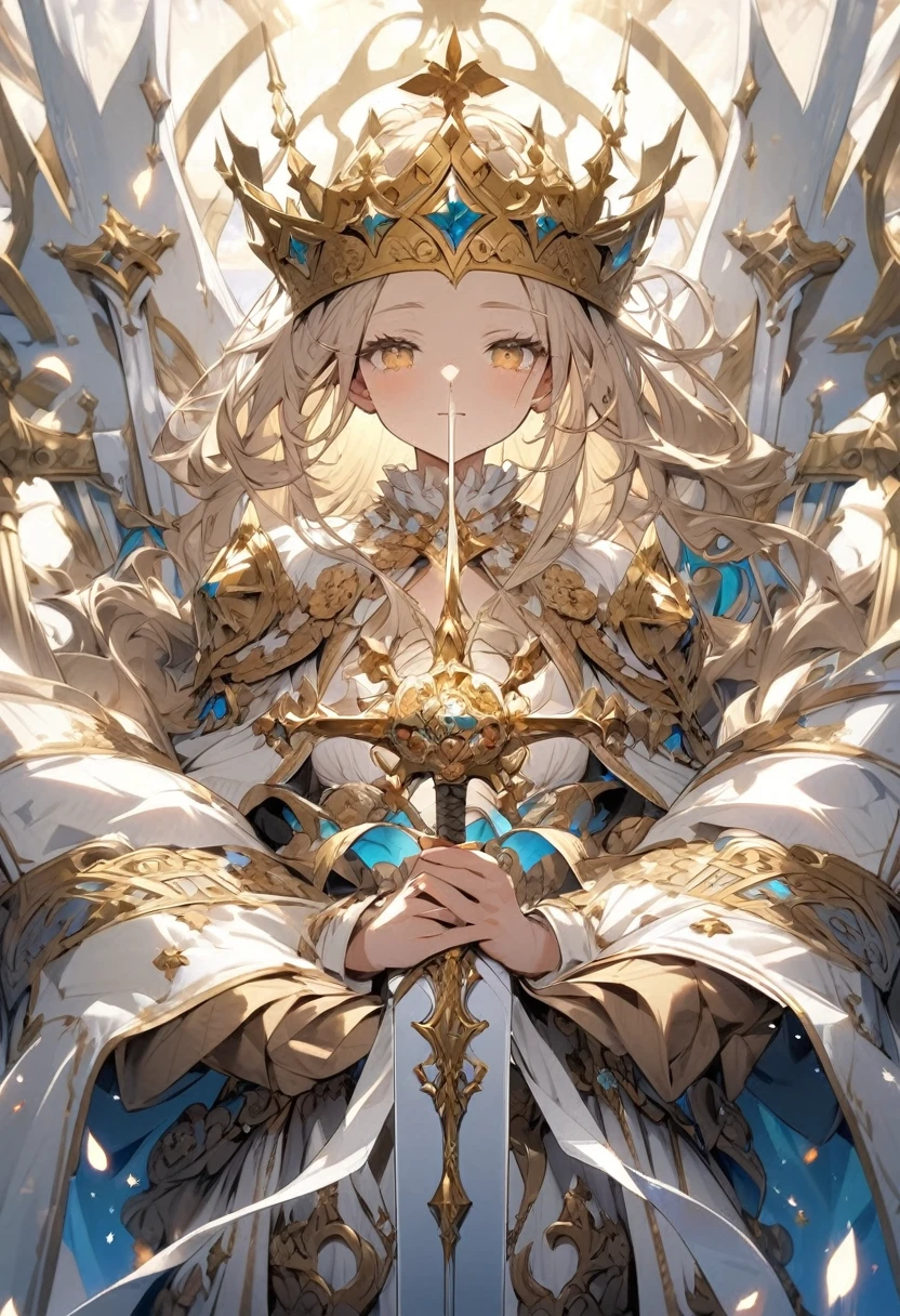 an extremely detailed crown e of hope mixed with dreams & a white bladed longsword madf the same material wielded in both hands