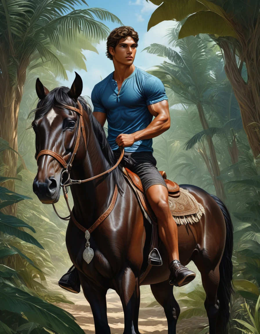 deep colors palette , simetryc composition,  ultradetailed art style, oil painting, fullbody, perfect compositicion,  perfect anatomy, wearing small litle shorts, dramatic, natural lighting, a young gorgeous, handsome, tall, perfect feet, latino ,  detailed realistic muscles, simetryc body,  he is  riding a black horse and holding a sort , carring  a multicolor back bag,   in a mixed scenario of jungle and forest