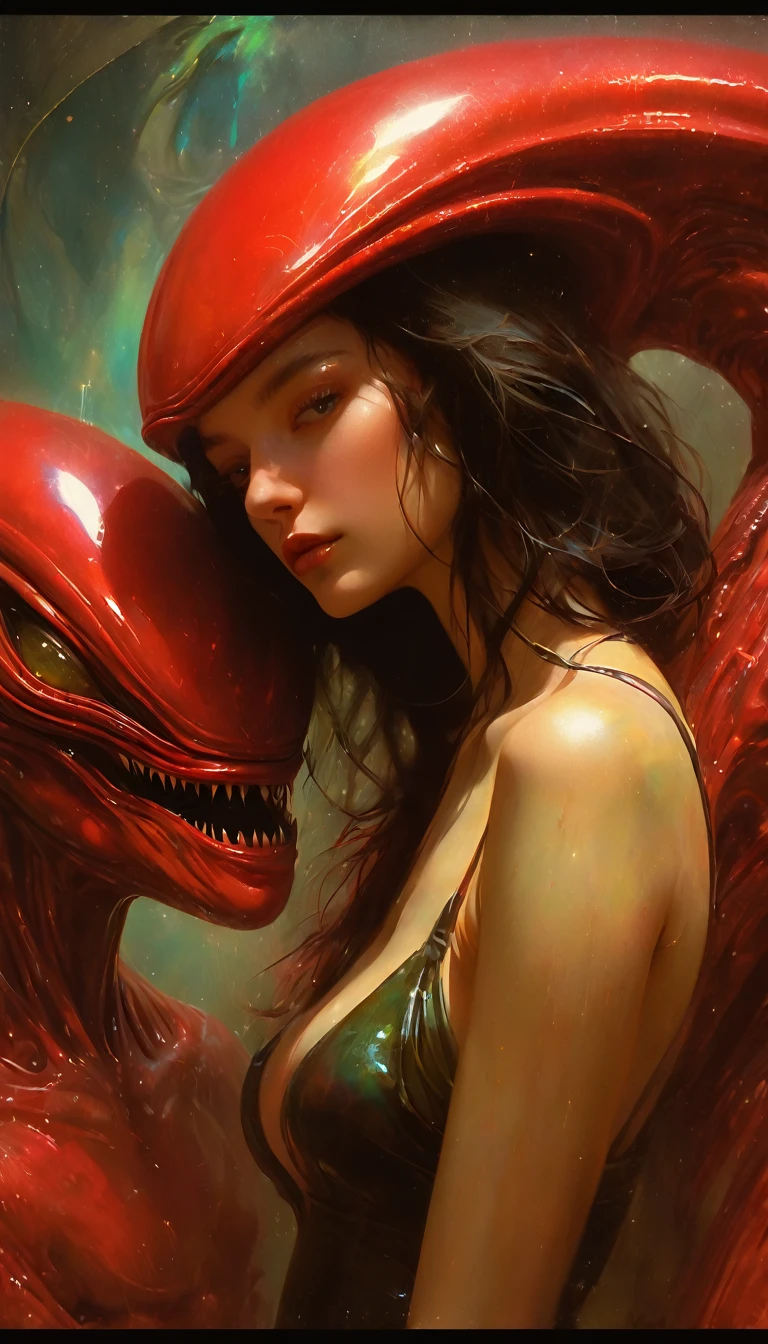 The sexy girl loves the alien (art inspired in Bill Sienkiewicz). oil painting) (best quality,4k,8k,highres,masterpiece:1.2),ultra-detailed,(realistic,photorealistic,photo-realistic:1.37),intricate details,vivid colors,sharp focus,professional,Dave McKean artwork, oil touch of surrealism,oil painting style
