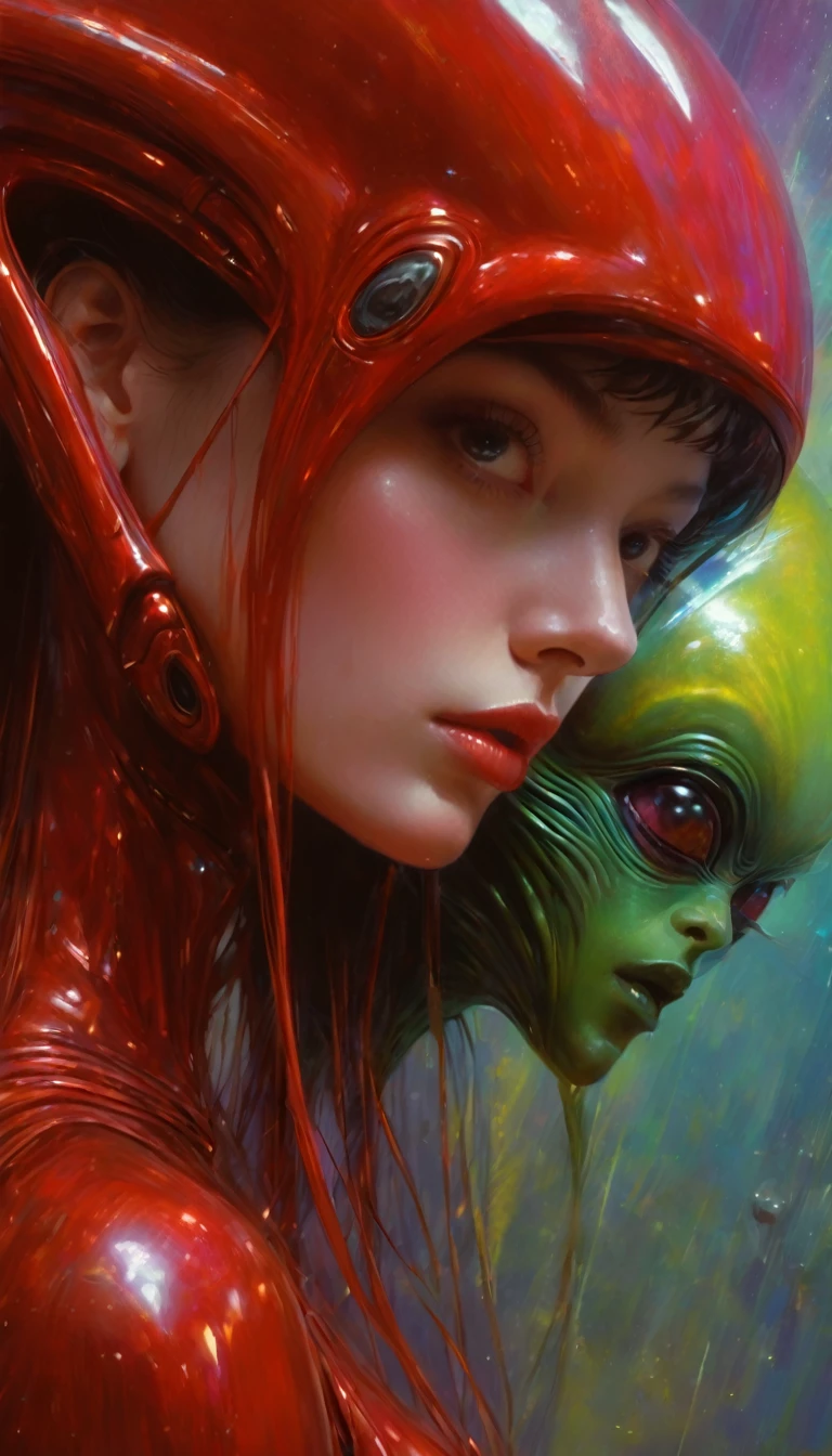 The sexy girl loves the alien (art inspired in Bill Sienkiewicz). oil painting) (best quality,4k,8k,highres,masterpiece:1.2),ultra-detailed,(realistic,photorealistic,photo-realistic:1.37),intricate details,vivid colors,sharp focus,professional,Dave McKean artwork, oil touch of surrealism,oil painting style
